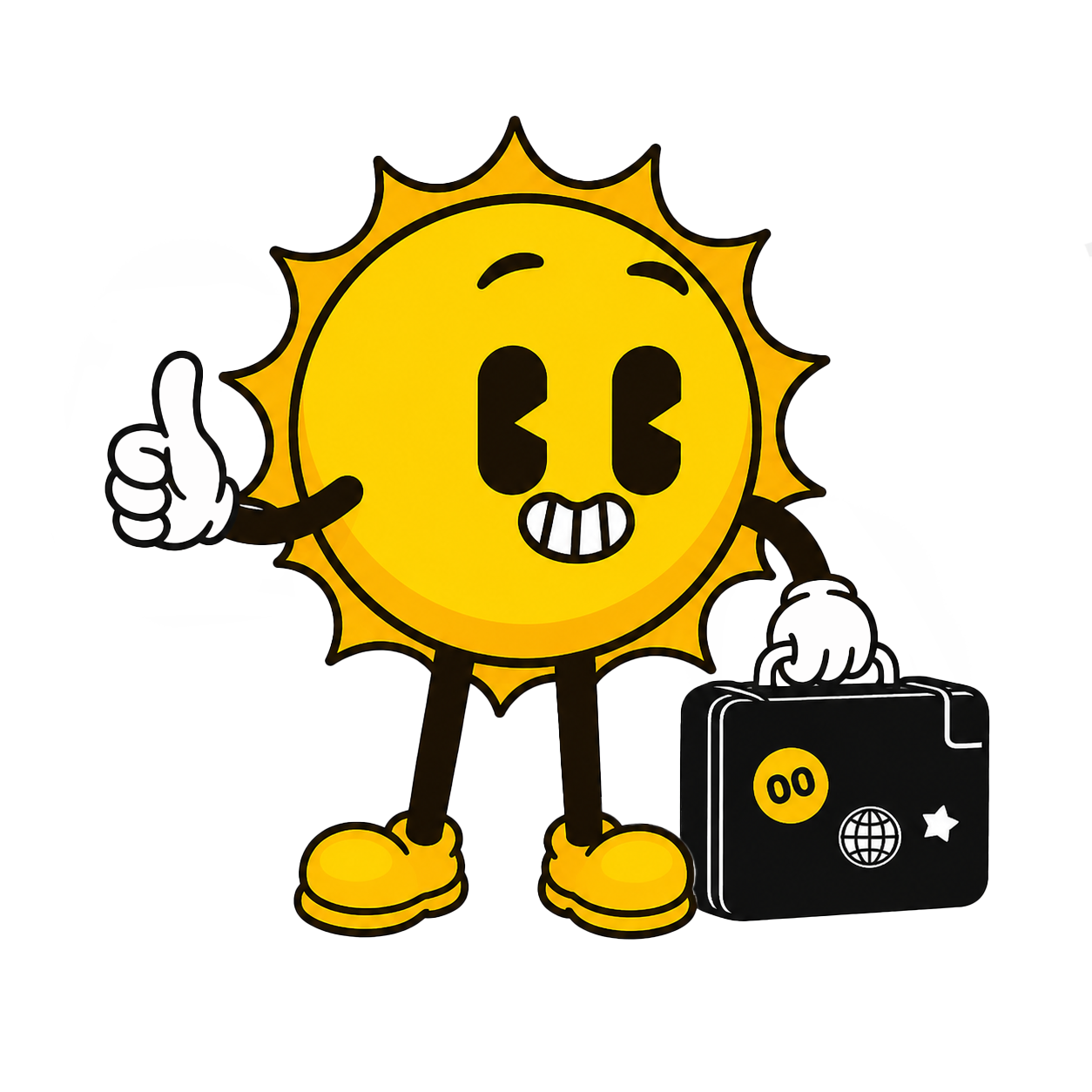 Sunny, TicketSeller's smiling sun mascot with a travel suitcase