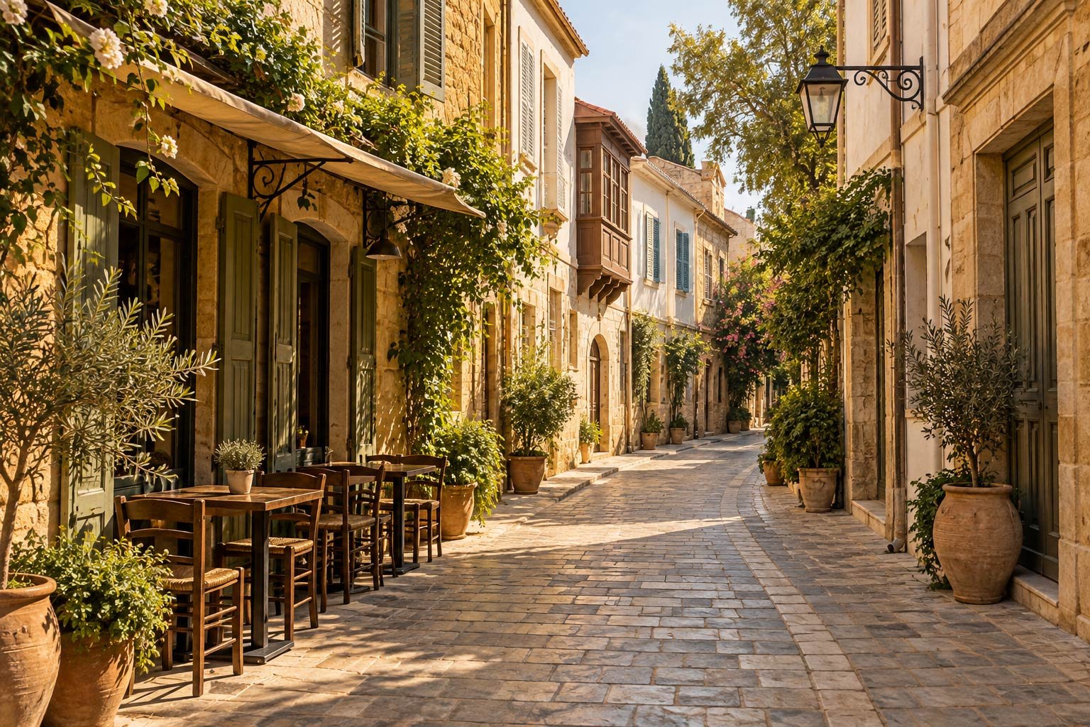 Digital illustration inspired by Pelion, featuring stone houses and a cobbled lane in autumn