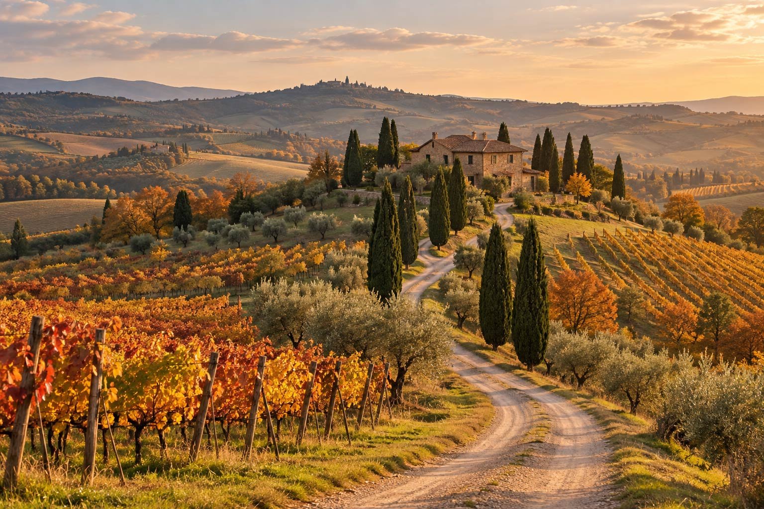Digital illustration inspired by Tuscany, featuring autumn vineyards, rolling hills and cypress trees